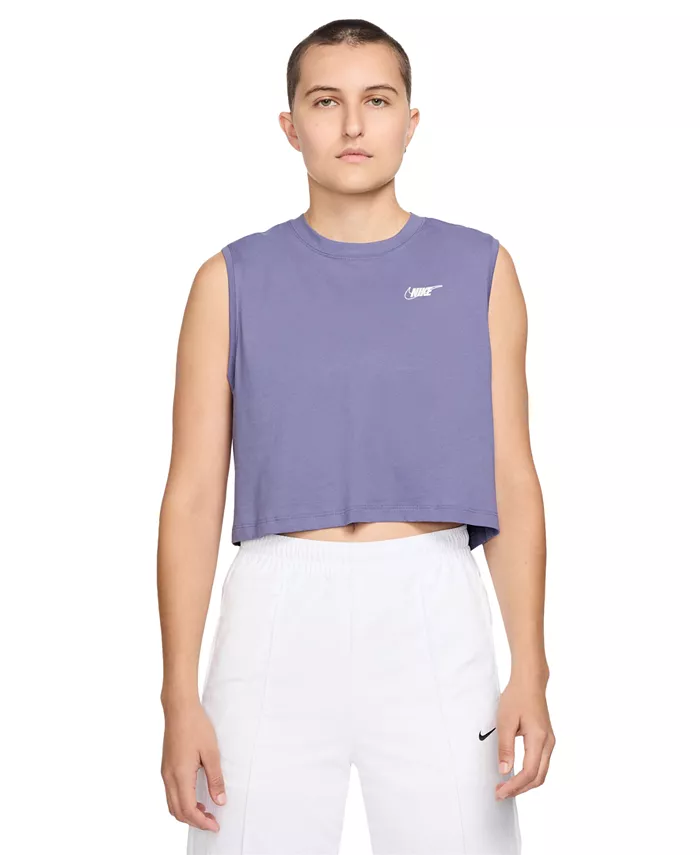

Спортивная футболка женская Club Cotton без рукавов укороченная с логотипом Nike, белый