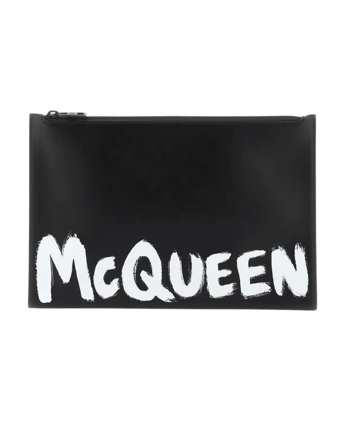 

Плоская кожаная сумка с граффити Alexander Mcqueen, черный