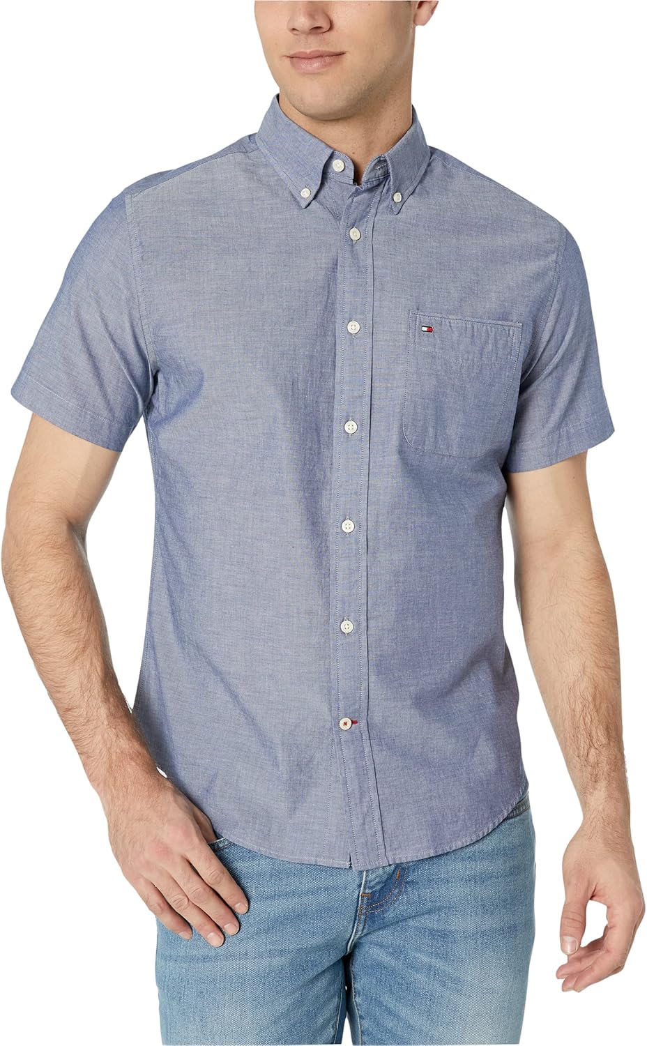 

Мужская повседневная рубашка Tommy Hilfiger с коротким рукавом и застежкой на пуговицы, классический крой, Navy Blazer