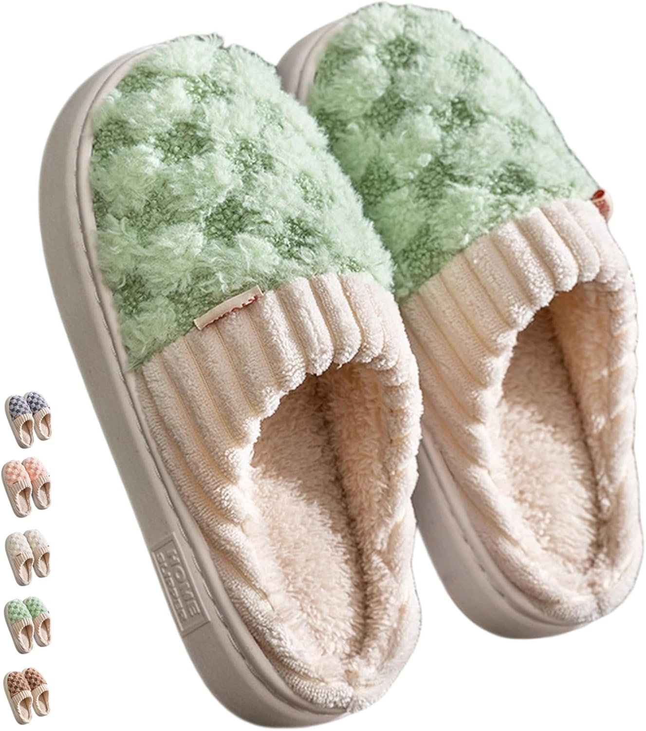 

Iwhgrmp Модные домашние тапочки в клетку для женщин и мужчин, для зимы, теплые и уютные, плюшевые, хлопковые, клетчатые, пушистые, для спальни, на толстой подошве, на один шаг, зеленый