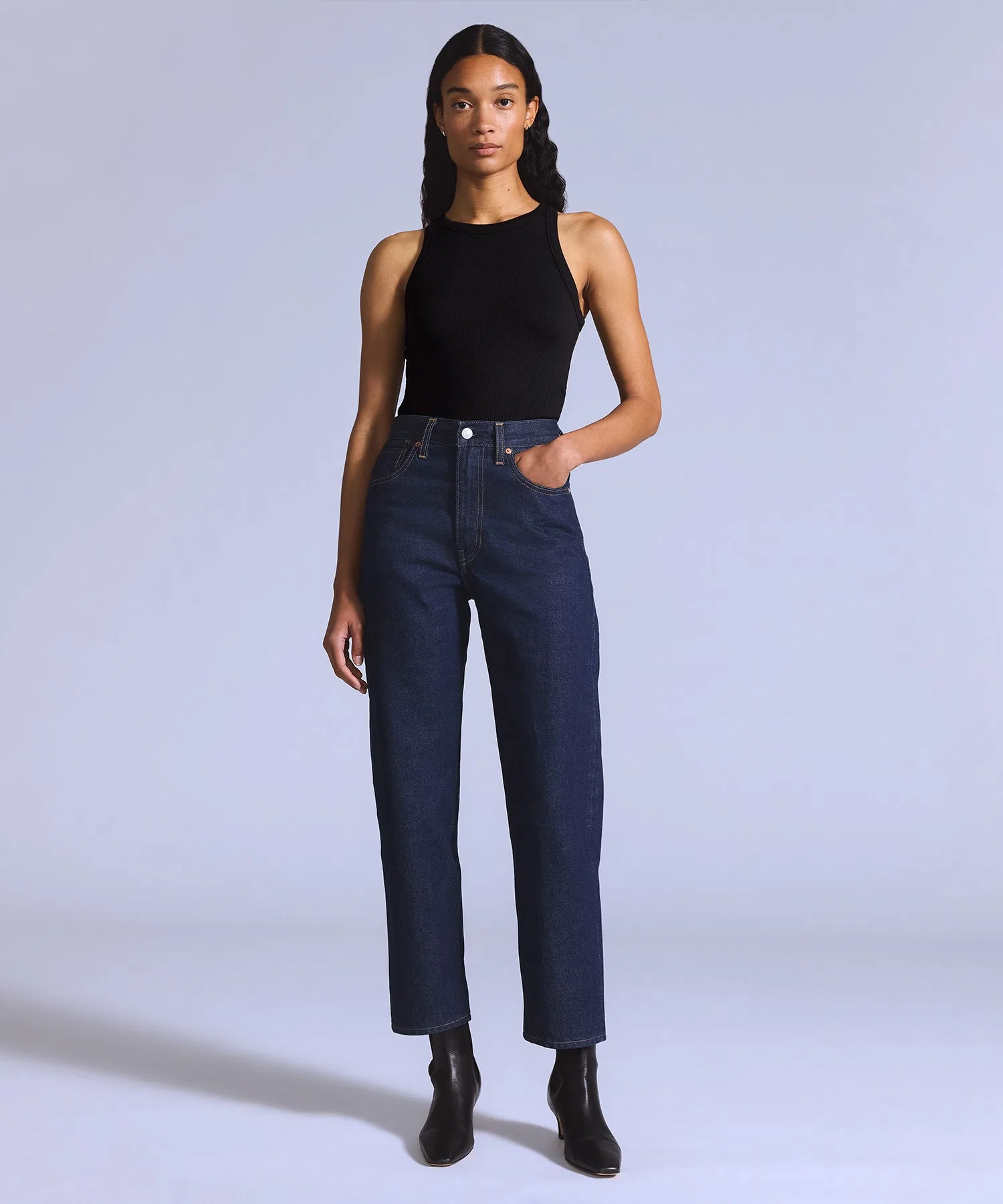 Джинсы Levi's с высокой талией и объемным верхом, темно-синие, цвет RINSE, произведено в Японии. — фото 2