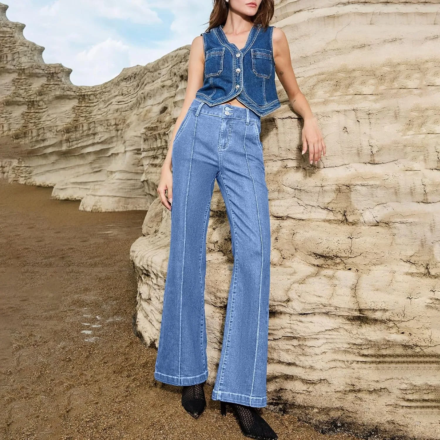 Широкие джинсы женские Pull On Stretchy High Waisted — фото 4