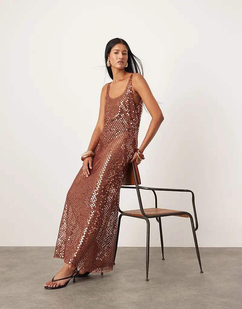 

Платье макси ASOS EDITION на прозрачных бретелях с дисковыми пайетками шоколадно-коричневого цвета с необработанными краями