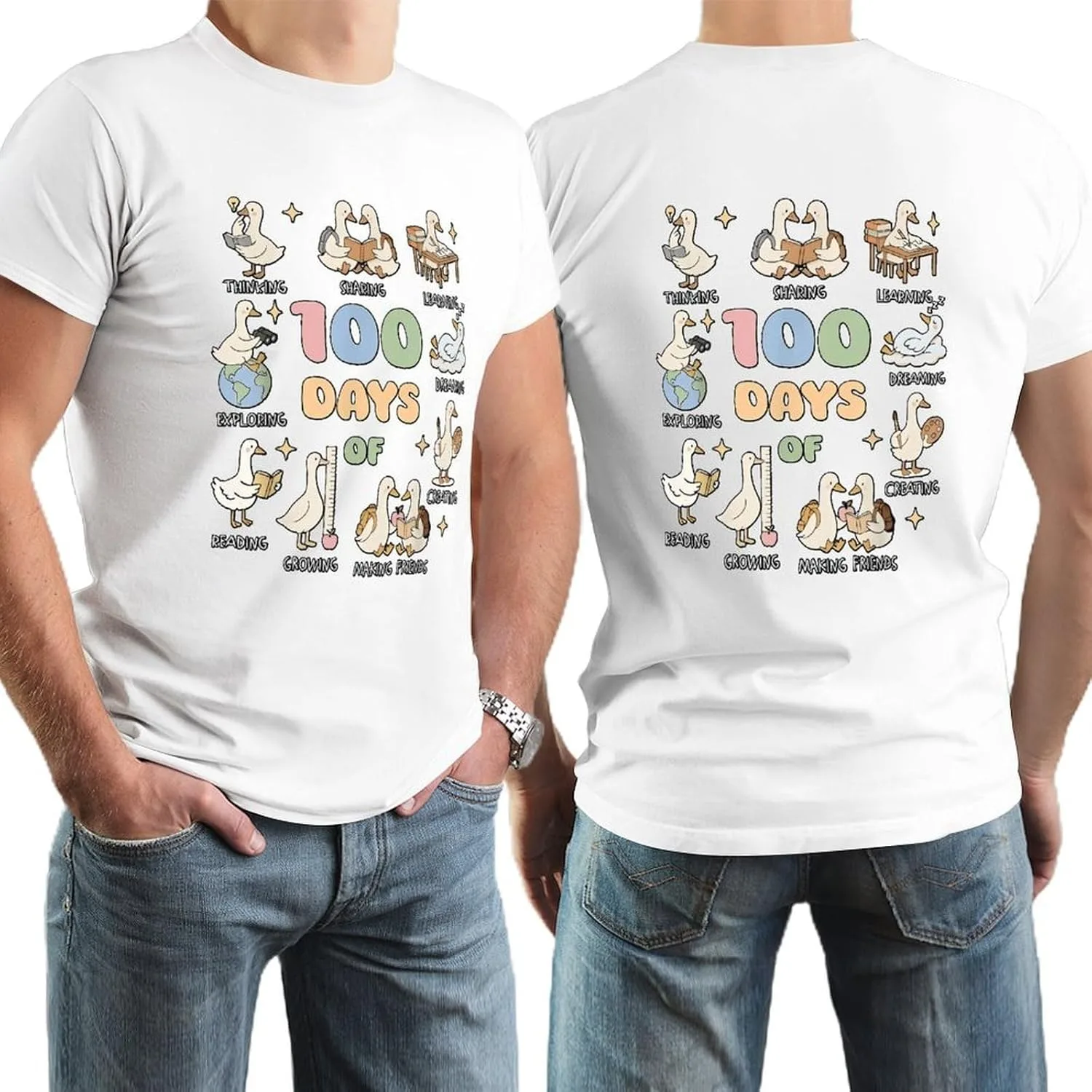 Мужская футболка Silly Goose Happy 100 Days of School с принтом учителя и книжника, винтажная, мягкая, повседневная, классическая новинка Generic, белый