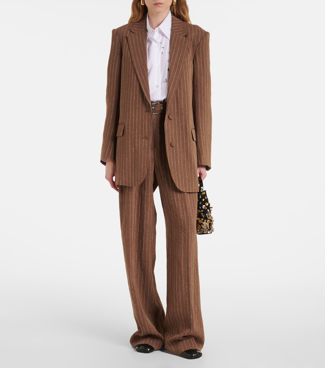 Широкие брюки из смесовой льняной ткани Dries Van Noten, кэмел — фото 2