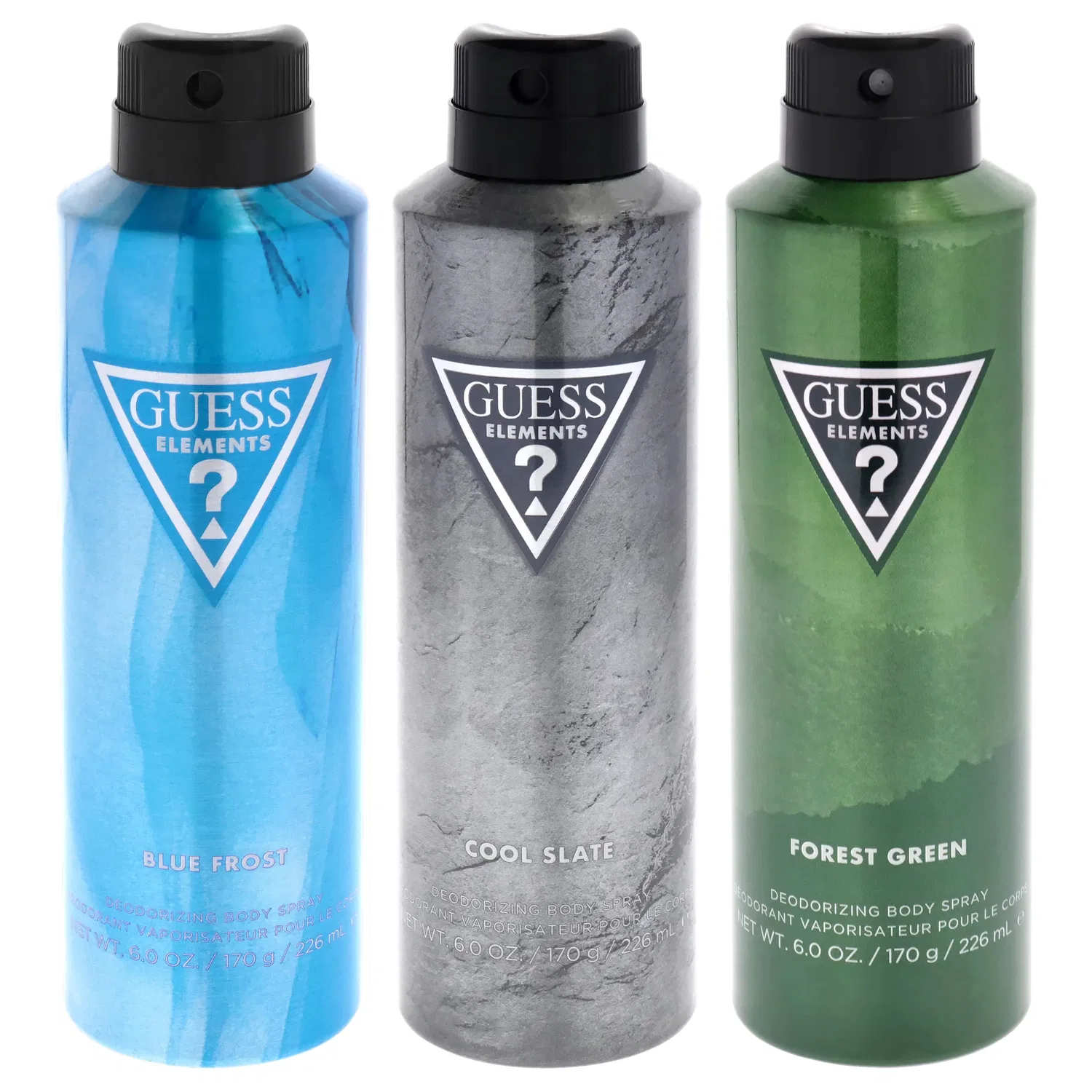 Набор Guess Elements от Guess для мужчин - комплект из 3 предметов: дезодорант-спрей 170 мл - Blue Forest, дезодорант-спрей 170 мл - Cool Slate, дезодорант-спрей 170 мл - Forest Green