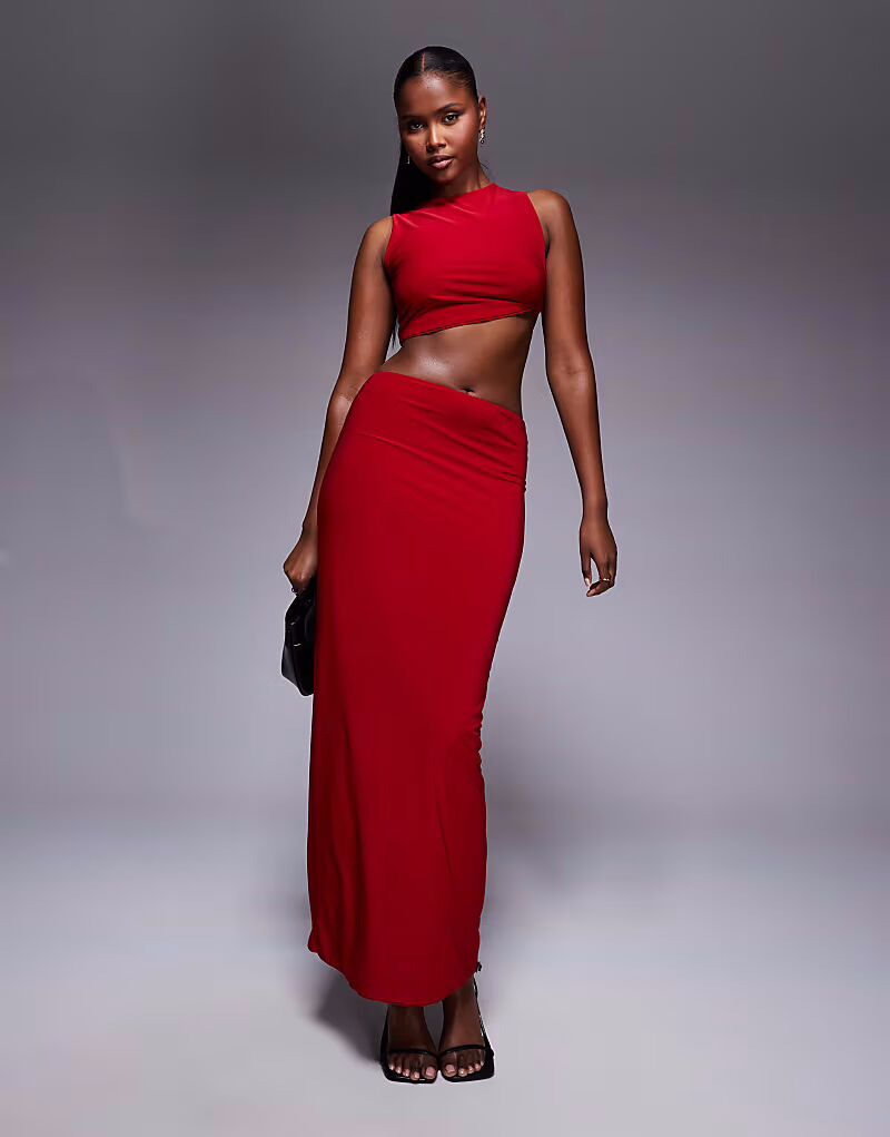 

Двухслойная облегающая юбка макси с высокой талией красного цвета Missyempire