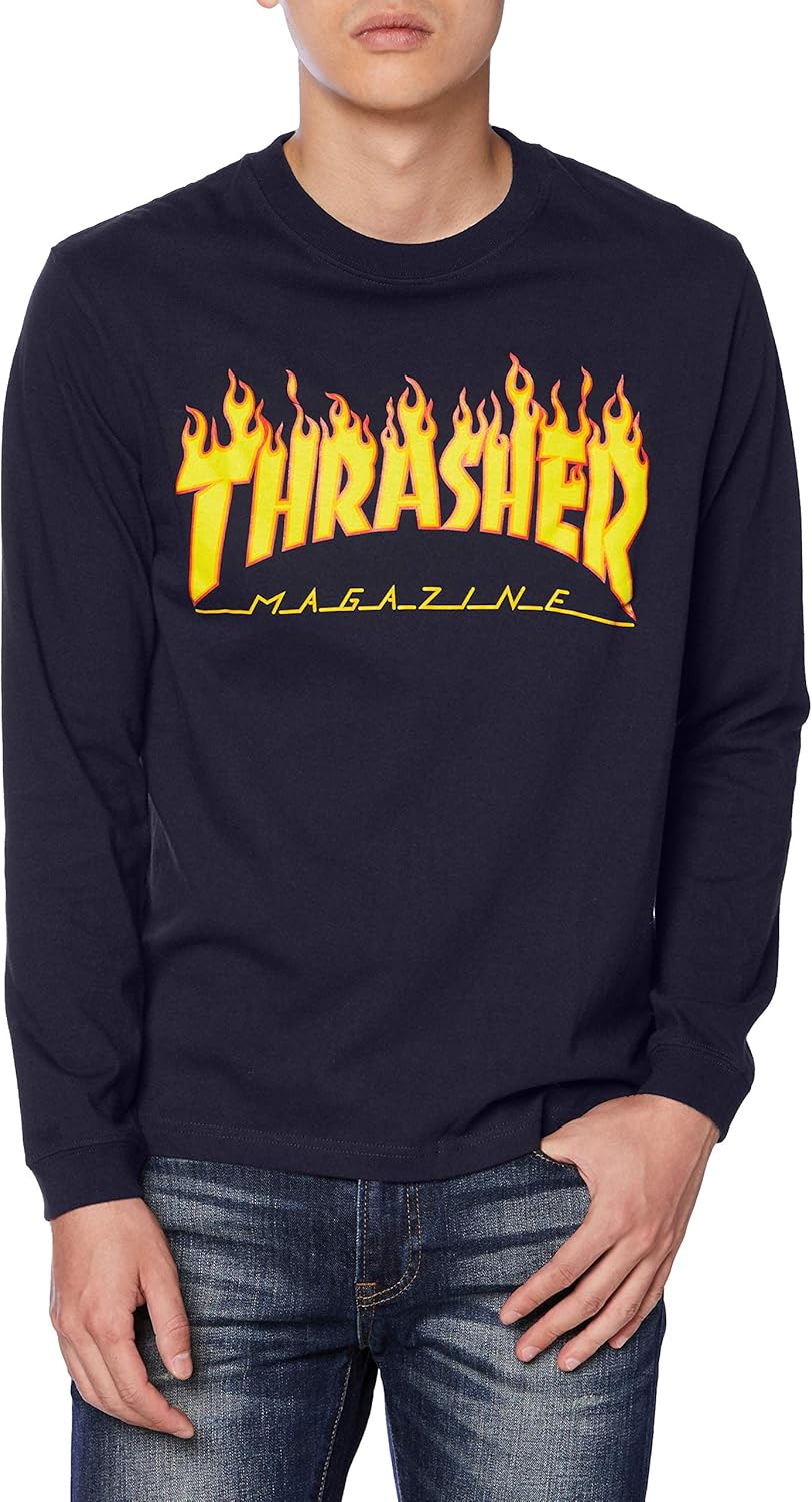 

Мужская футболка с длинным рукавом и принтом Slasher TH93130 / FLAME (логотип бренда) Классическая модель Thrasher, темно-синий