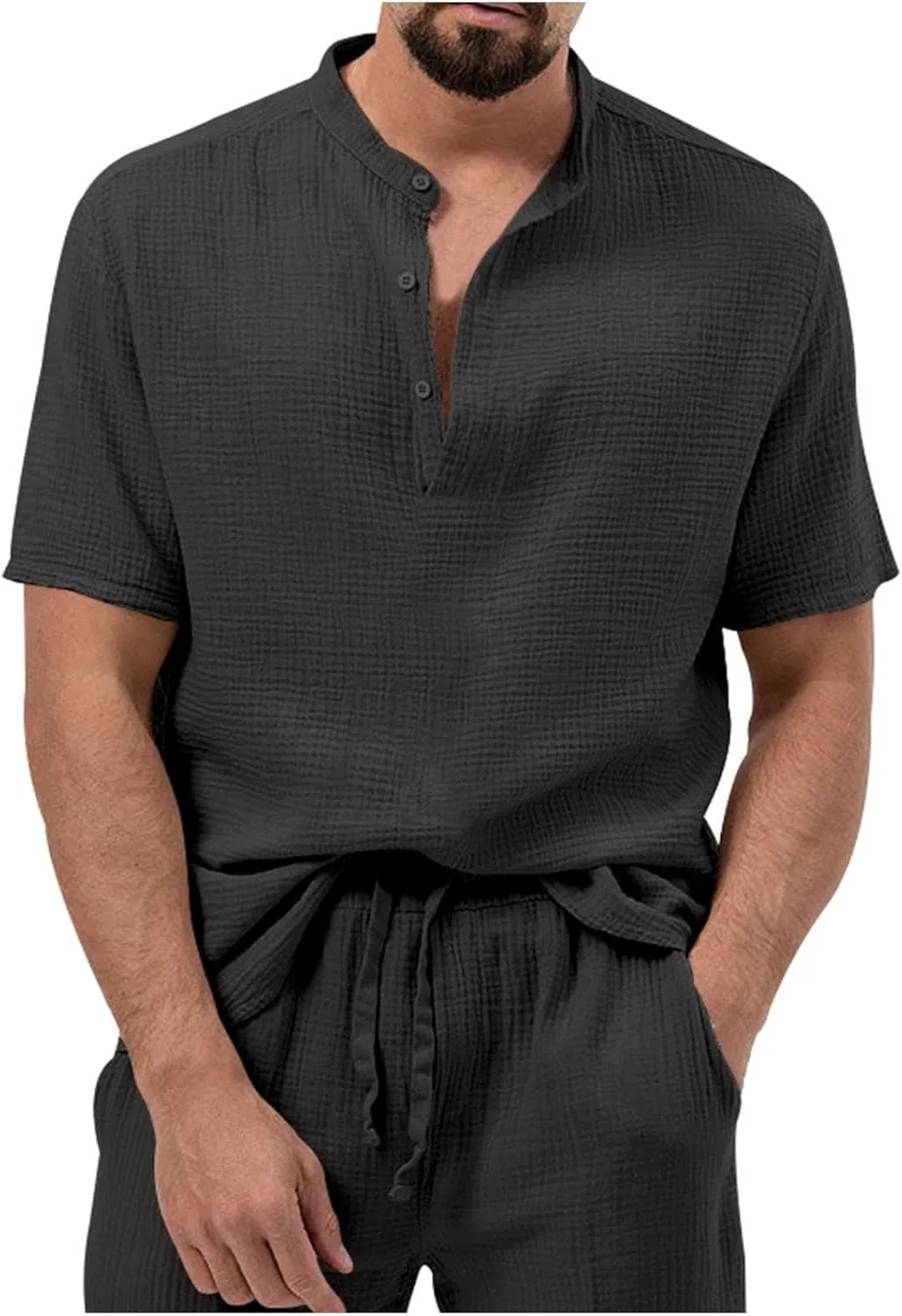 

Мужская текстурированная рубашка с коротким рукавом и воротником-стойкой QUNPIU