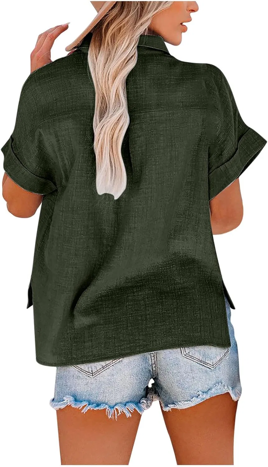 Блуза с коротким рукавом, хлопок лен, свободный крой, Army Green — фото 2