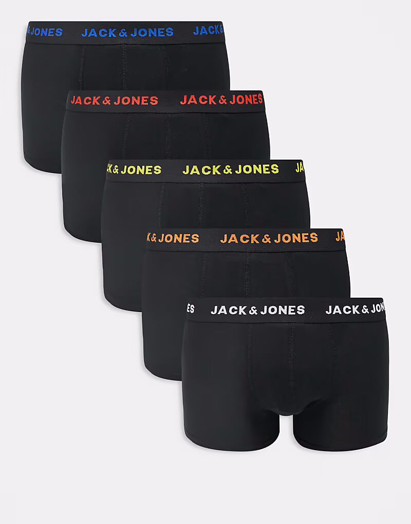 

Комплект из 5 трусов Jack & Jones с контрастным поясом в черном миксе