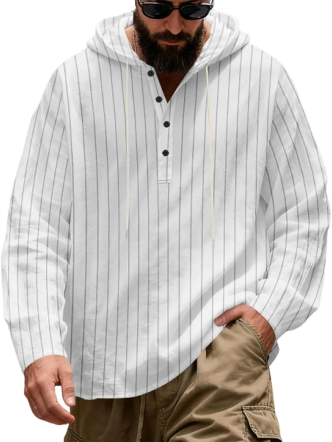 

Мужская льняная рубашка casual с капюшоном и длинным рукавом