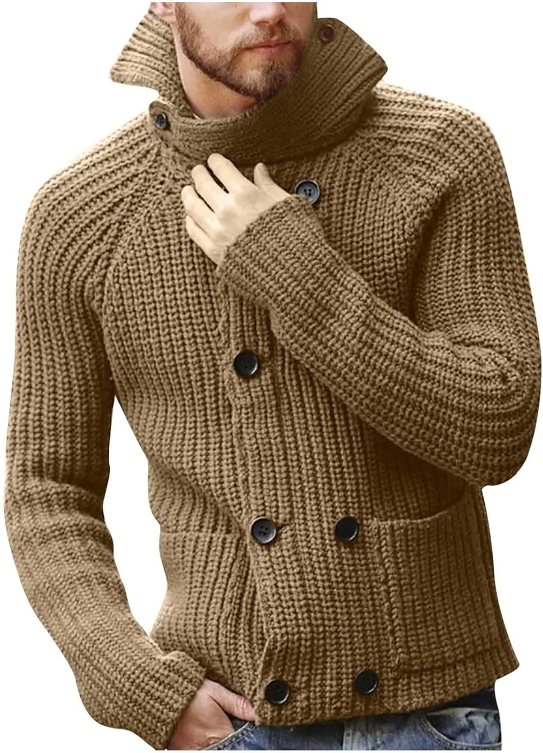 

Мужской кардиган XUNRYAN с кабельной вязкой, воротником-шалью и карманами