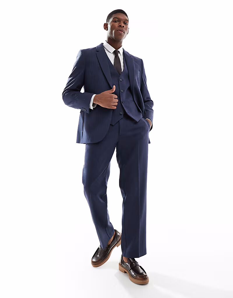 

Прямые шерстяные брюки с узором «ёлочка» синего цвета Asos Design