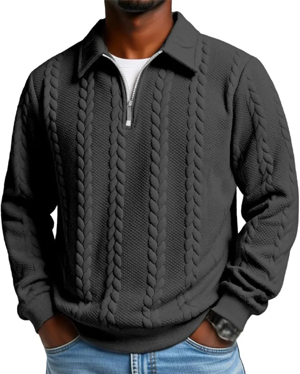 

Мужской полузастегивающийся пуловер с косой вязкой