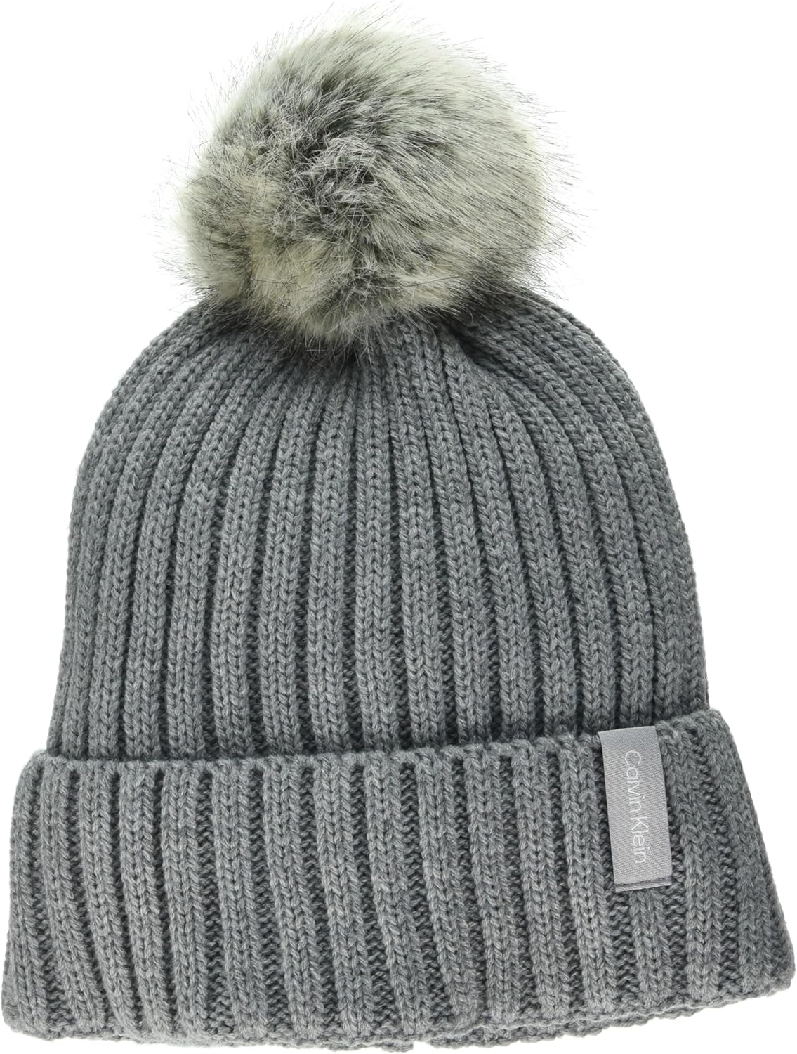 

Женская вязаная шапка-бини с искусственным мехом и помпоном Calvin Klein, супермягкая для холодной погоды, Heather Mid Gray