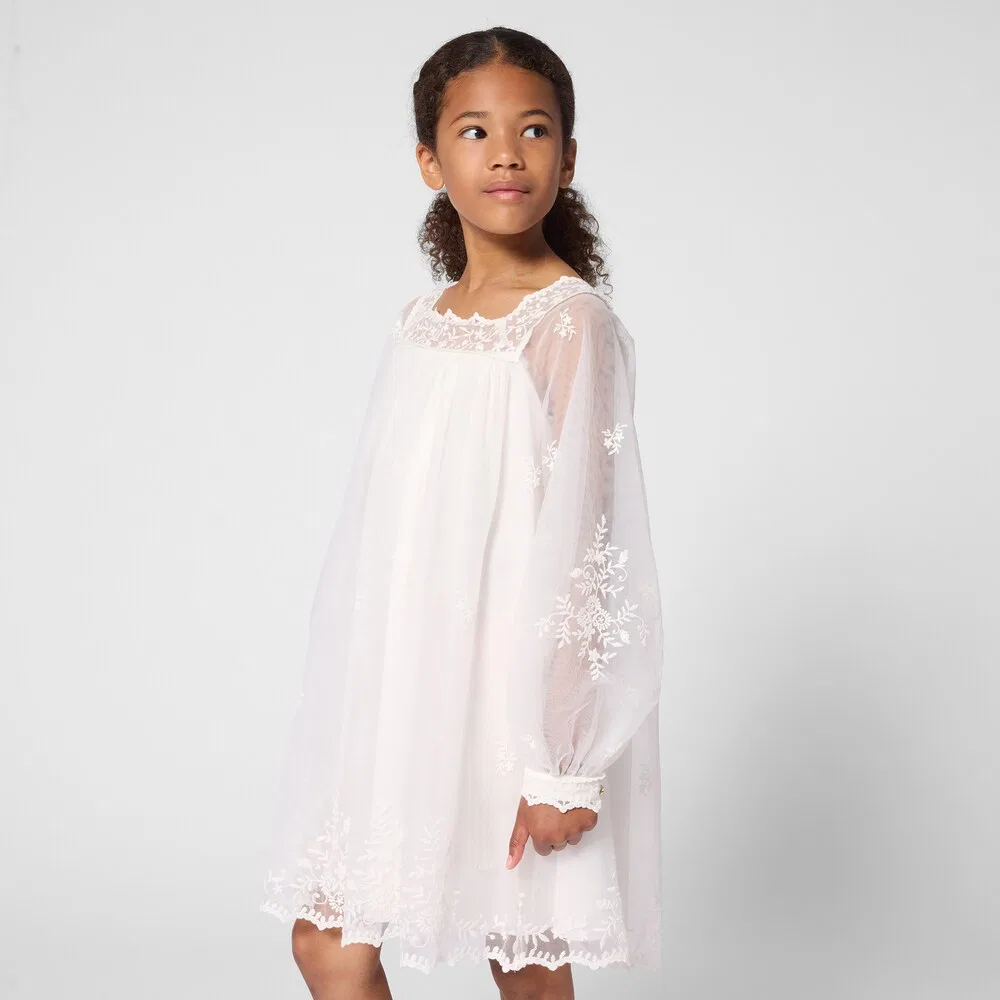 Платье из вышитого тюля Chloé Kids, белый — фото 4