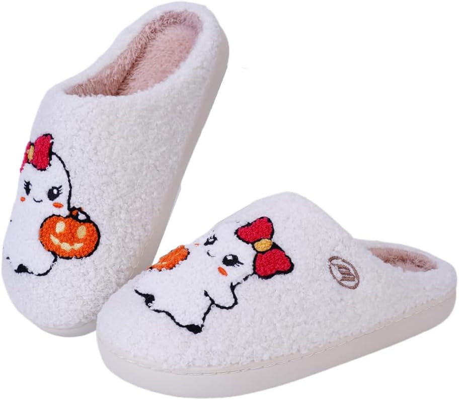 

Домашние тапочки HiGropcore на Хэллоуин для женщин и мужчин, милые и жуткие осенние тапочки, уютные плюшевые теплые тапочки для дома, для улицы и дома, A3- Cute Ghost