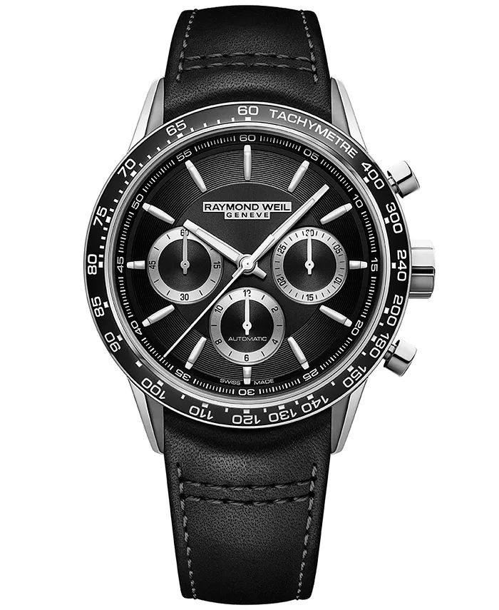 

Мужские швейцарские автоматические часы-хронограф Freelancer с черным кожаным ремешком 44 мм Raymond Weil
