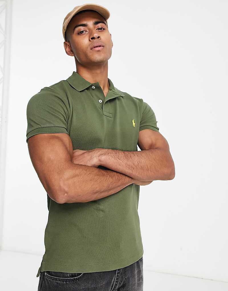 

Темно-зеленое узкое поло из пике с логотипом Polo Ralph Lauren