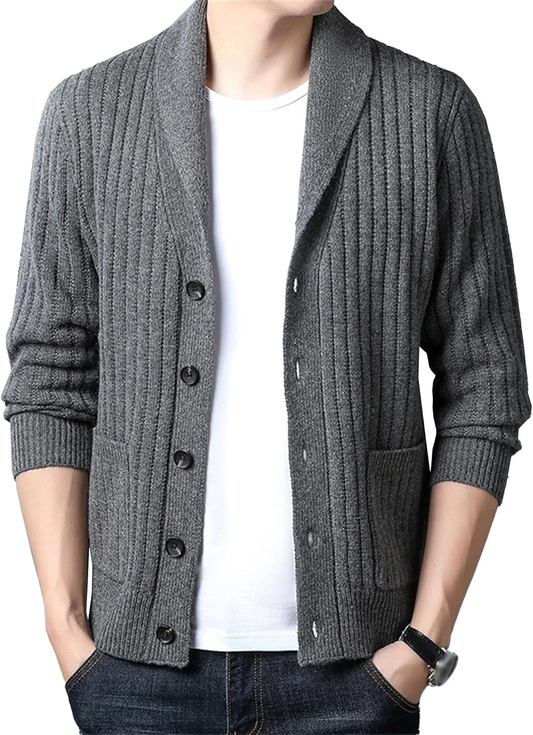 

Мужской кардиган с воротником шаль и передними карманами