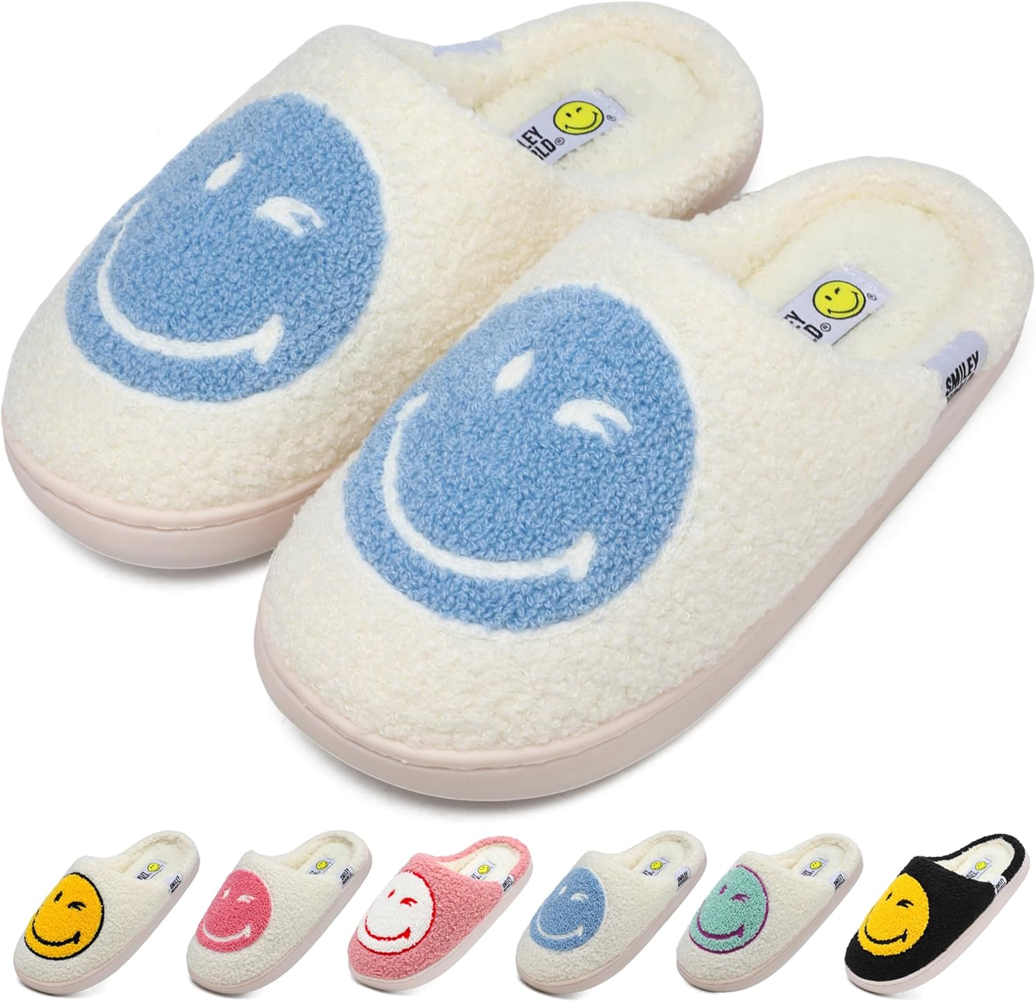 

Тапочки Wpecgoo с улыбающимся лицом для женщин и мужчин, мягкие плюшевые домашние тапочки, ретро-стиль, удобные слипоны, теплые зимние тапочки с эффектом памяти, пушистые для дома и улицы, белый/синий