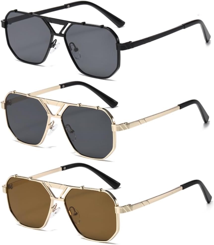 

3 шт. Прямоугольные солнцезащитные очки с двойной перемычкой для женщин, металлические, роскошные, для вождения, защита от УФ-излучения UV400, для мужчин, с градиентными линзами VFDHN, 3pcs Z04