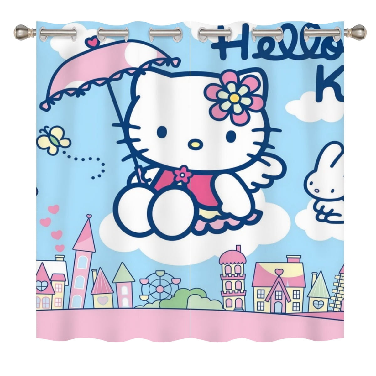 

Шторы плотные с мультяшным принтом Cuytrr Hello Kitty, голубой / розовый