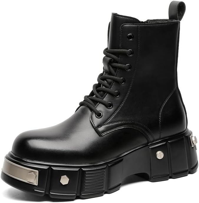 

Мужские черные готические ботильоны на платформе с шнуровкой, боковой молнией и протекторной подошвой, боевые ботинки в стиле панк, мотоциклетные готические туфли Generic