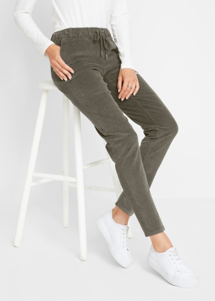 Вельветовые брюки с кулиской Bpc Bonprix Collection, зеленый — фото 3