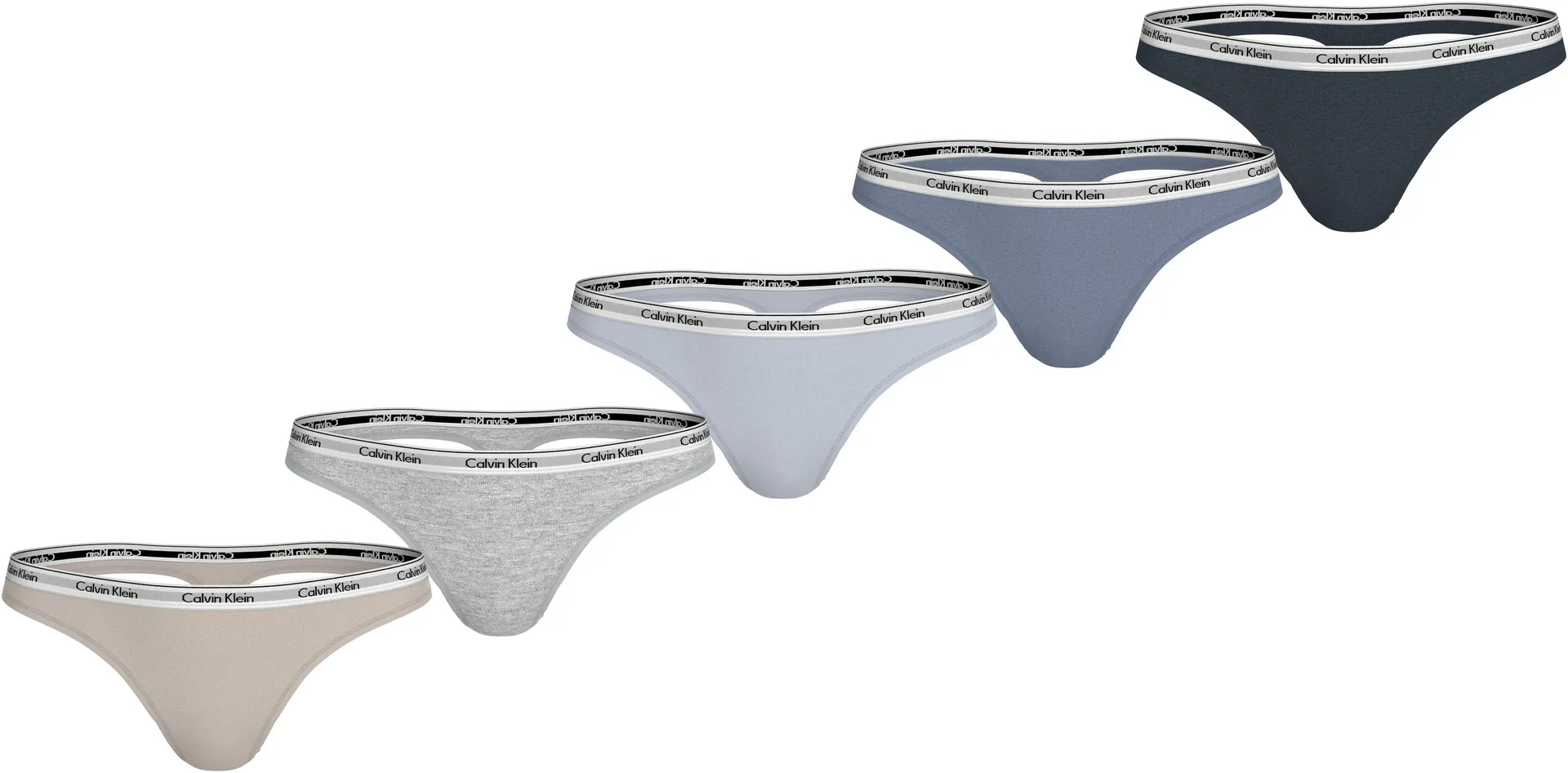 

Calvin Klein Underwear String "5 PACK THONG (LOW-RISE)" (5 шт. в упаковке, 5 шт. в упаковке), с поясом с логотипом, цвет Grymrn/Gry Htr/Pln Air/Tropsphr/Ink