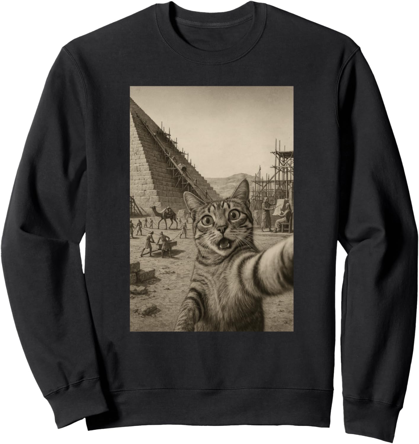 

Забавное селфи с кошачьей пирамидой. Толстовка с мемом про древнего кота Ancient Times Cats Funny Graphics, черный