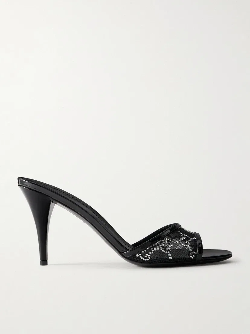 Босоножки из сетки с кожаной отделкой, украшенные кристаллами GUCCI, черный