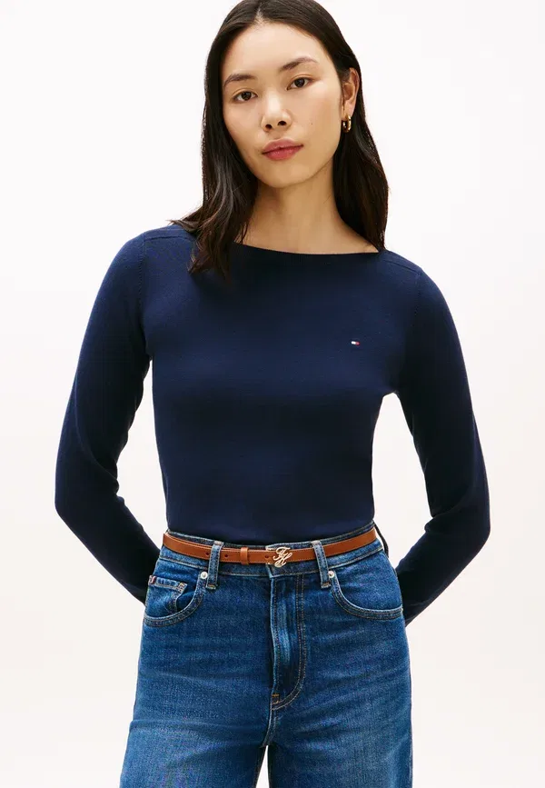 Джемпер Tommy Hilfiger с золотистыми пуговицами, трикотажный, с вырезом-лодочкой, темно-синий