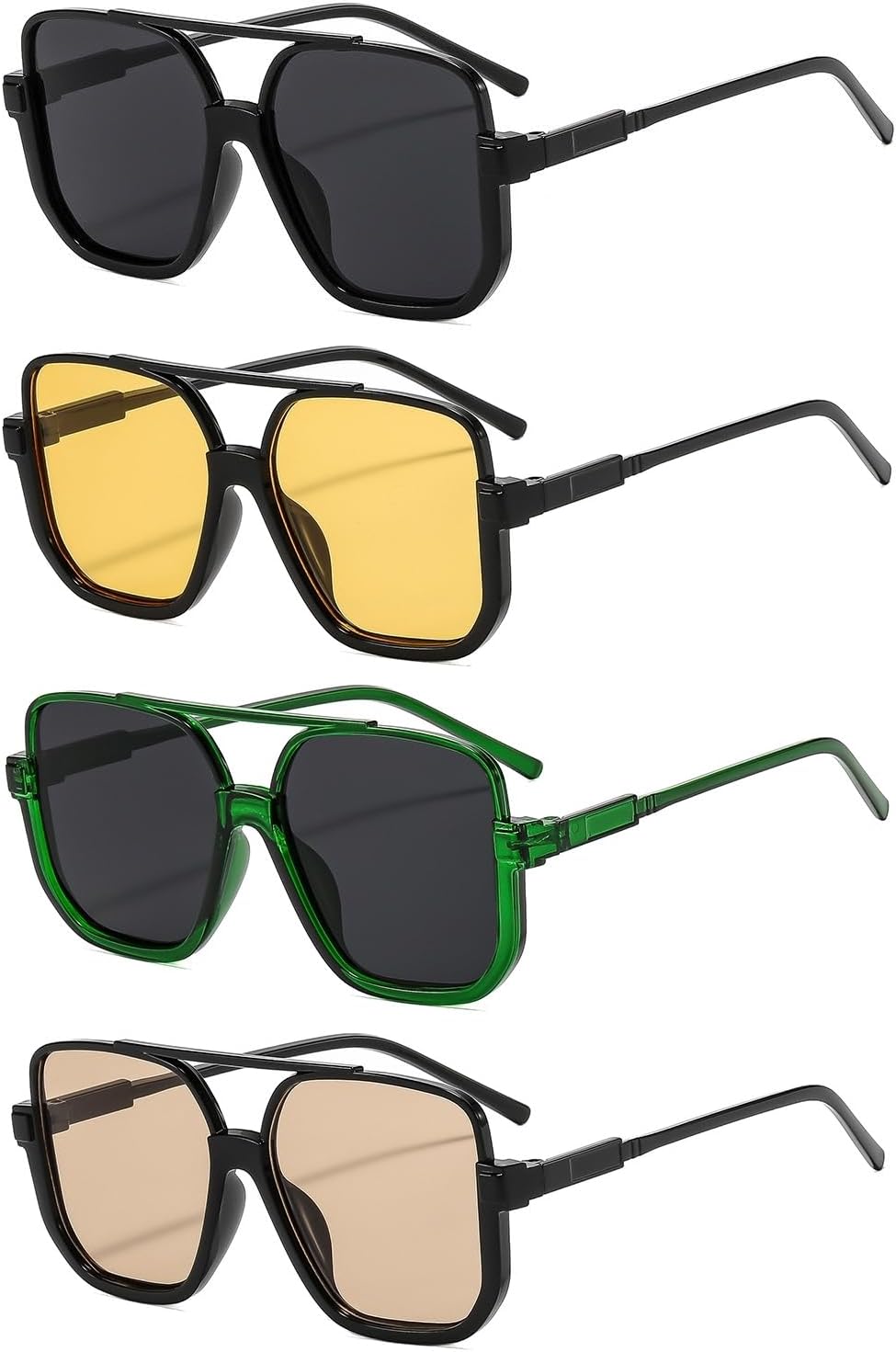 

4 пары ретро-солнцезащитных очков-авиаторов большого размера для женщин и мужчин, квадратные, полуободковые, в винтажном стиле 70-х годов ISIUINN, Black+orange+green+black Light Brown