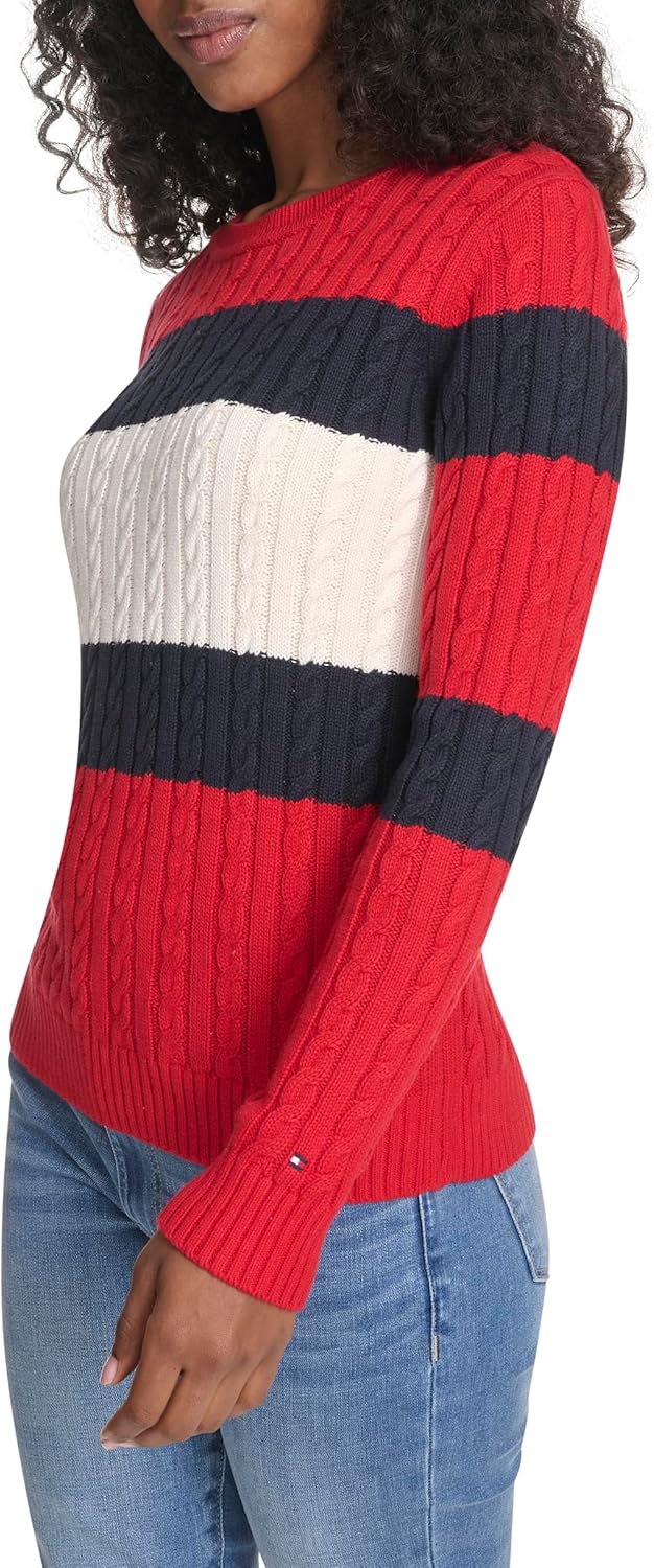Женский хлопковый свитер Tommy Hilfiger с круглым вырезом и косами, Scarlet Multi Colorblock — фото 3