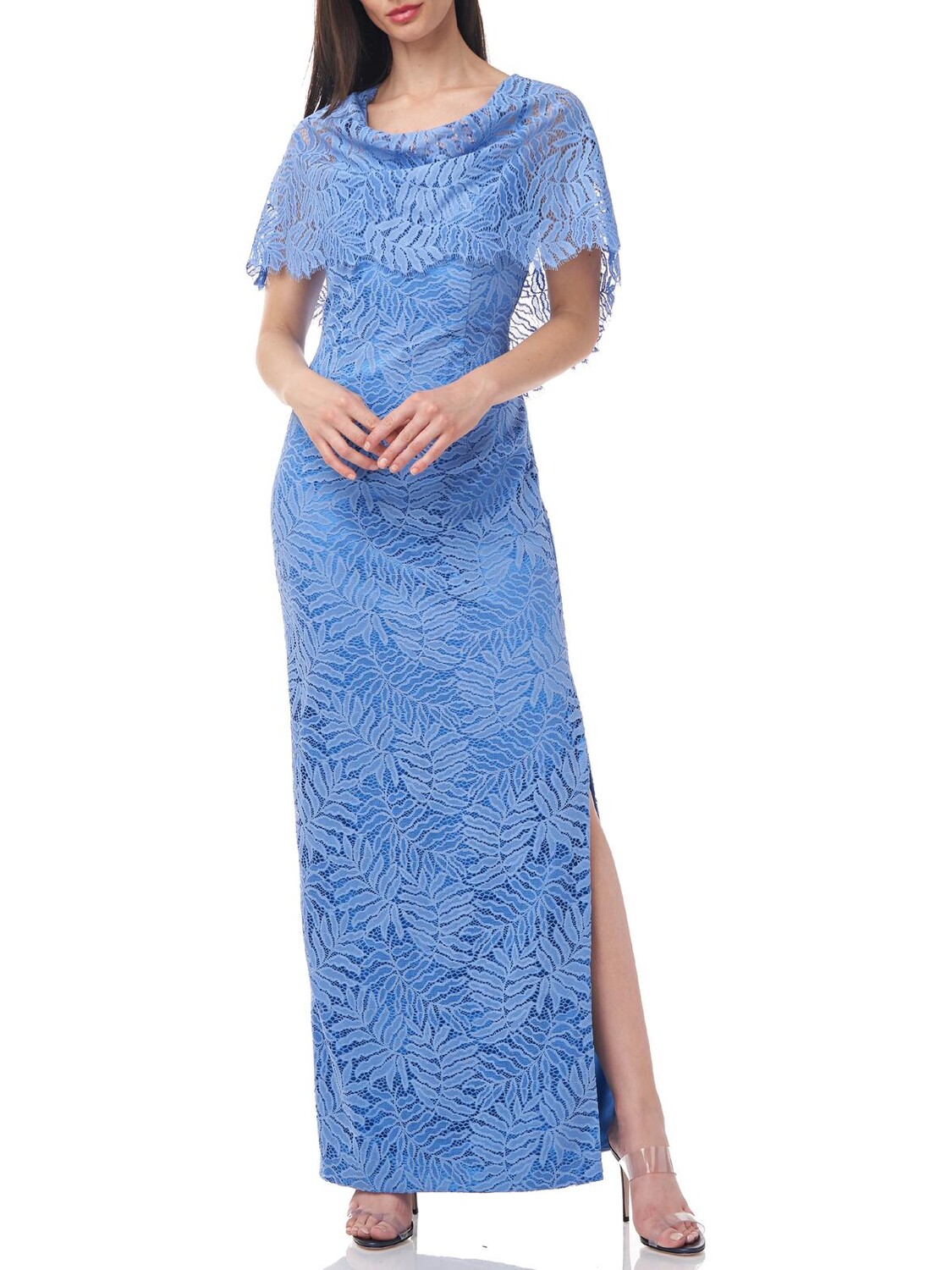 

Женское кружевное вечернее платье с боковым разрезом JS Collections, цвет Summer Blue/Light Pistachio