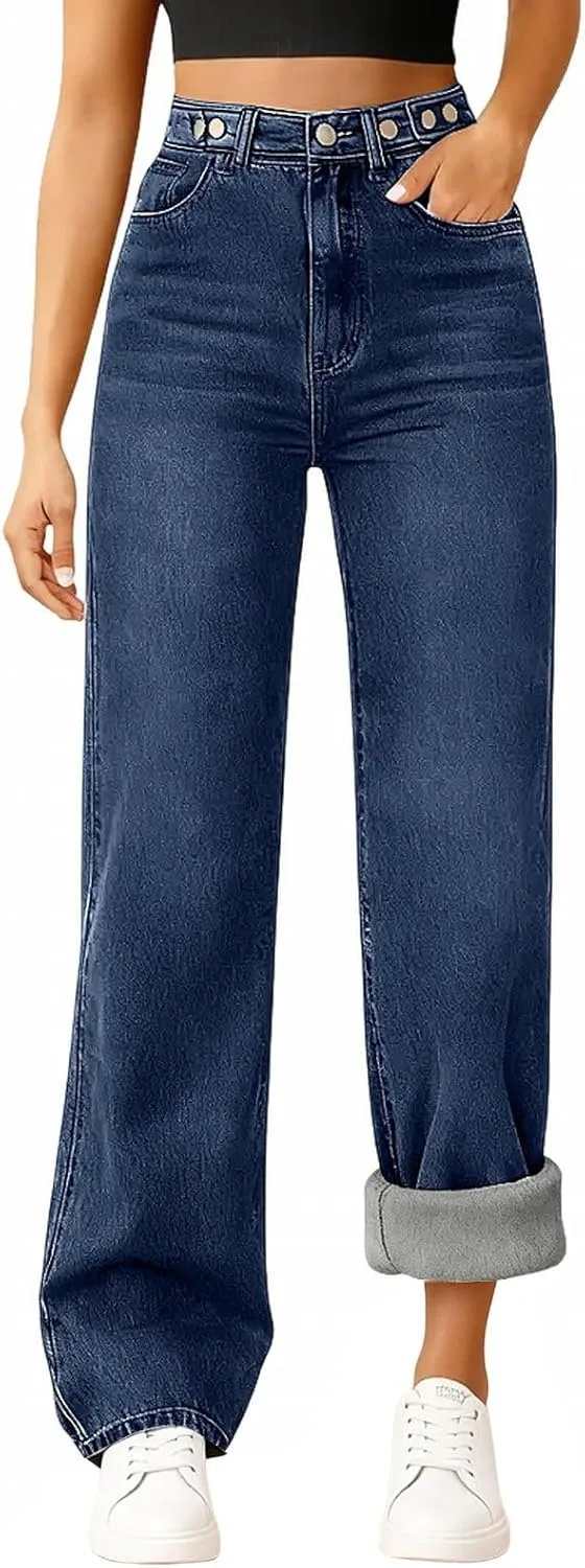Утепленные джинсы женские high waisted прямые широкие