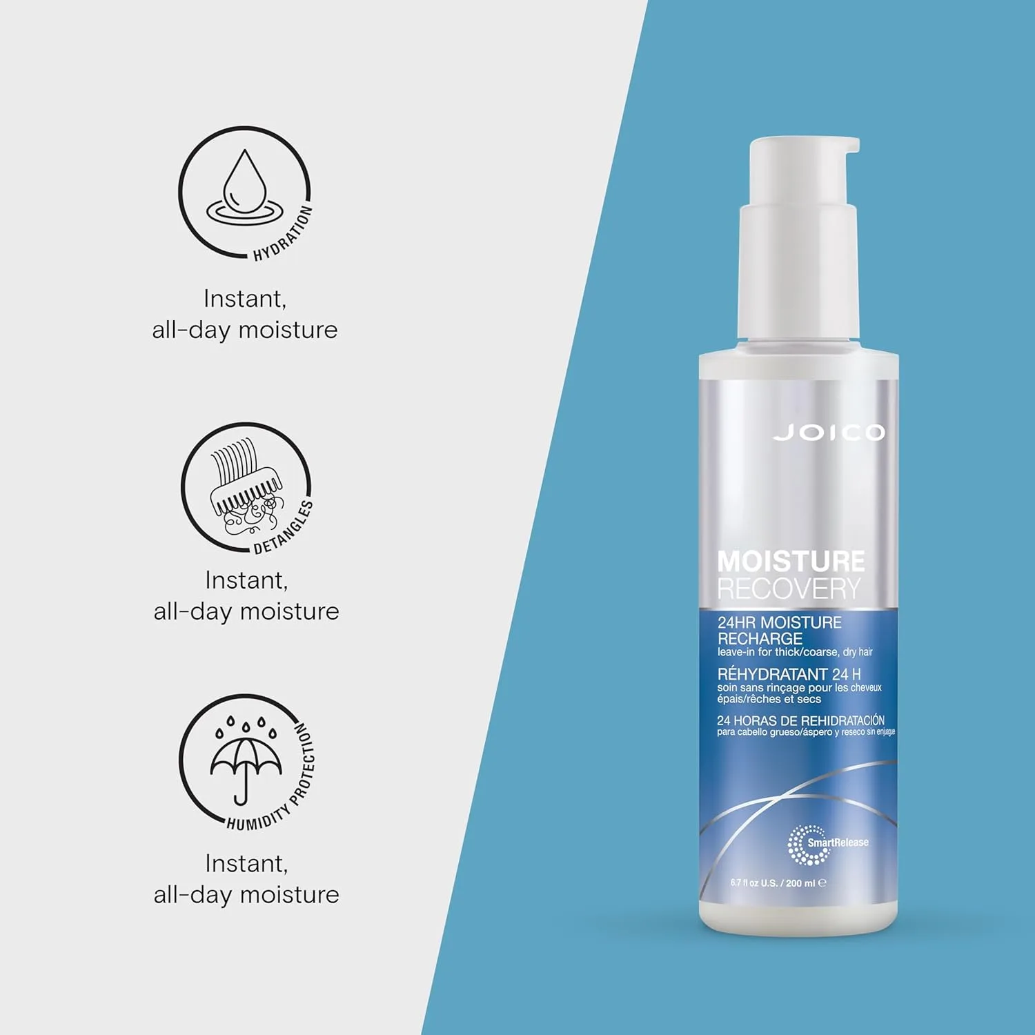 Joico Moisture Recovery 24 Hour Moisture Recharge Leave-In для густых, жестких и сухих волос: круглосуточное увлажнение, мгновенное распутывание, защита от ломкости и пушистости с оливковым эфиром и морскими водорослями, OLIVE — фото 3
