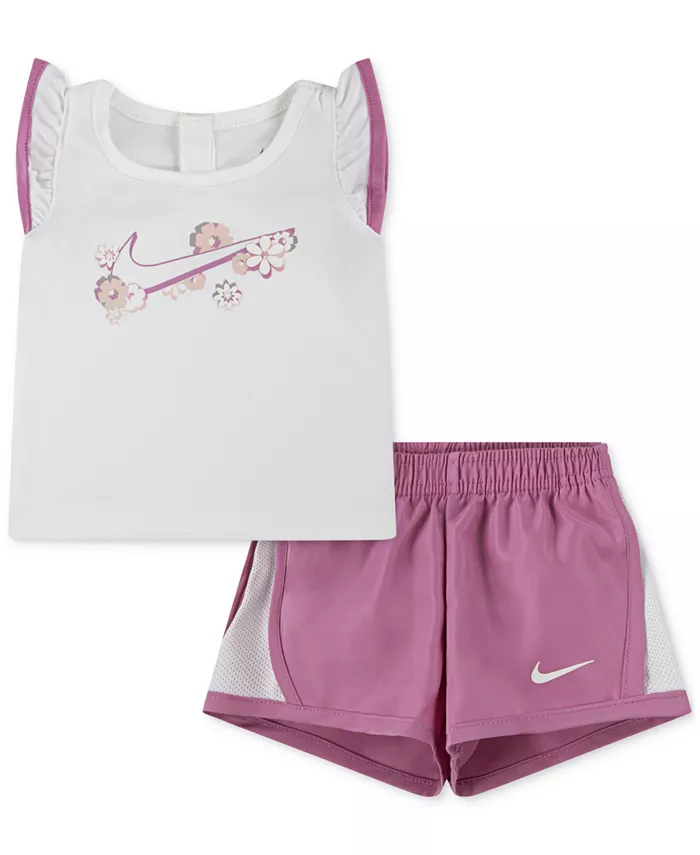 

Детский комплект из майки и шорт Baby Dri-FIT Flow-ral Tempo с рюшами, 2 предмета Nike, розовый