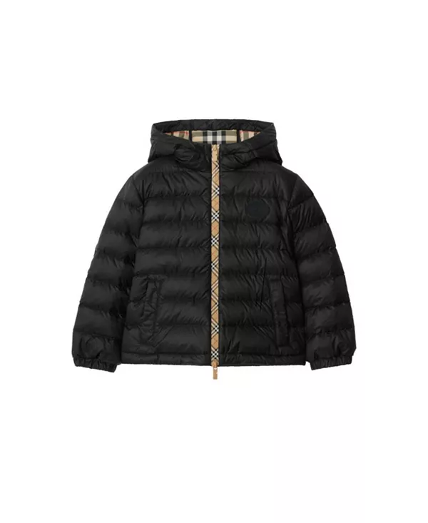 

Детская нейлоновая пуховая куртка с капюшоном в клетку - для малышей и для взрослых. Burberry, черный