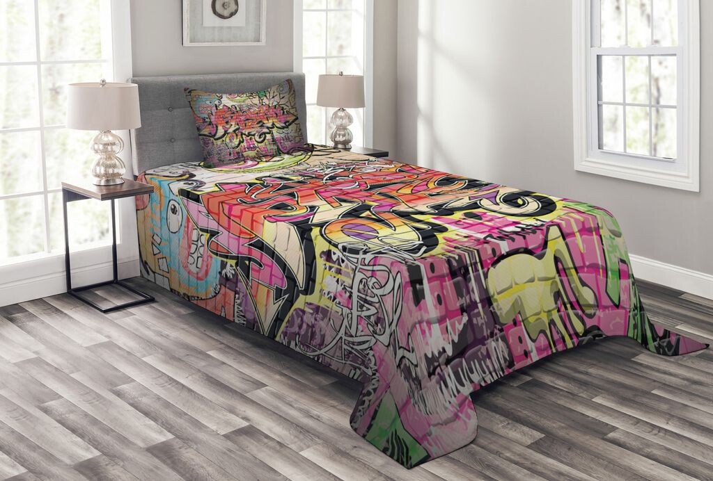 

ABAKUHAUS Комплект покрывала городского граффити, сюрреалистическая живопись, комплект с наволочками, моющийся, для односпальных кроватей 170 x 220 см, разноцветный