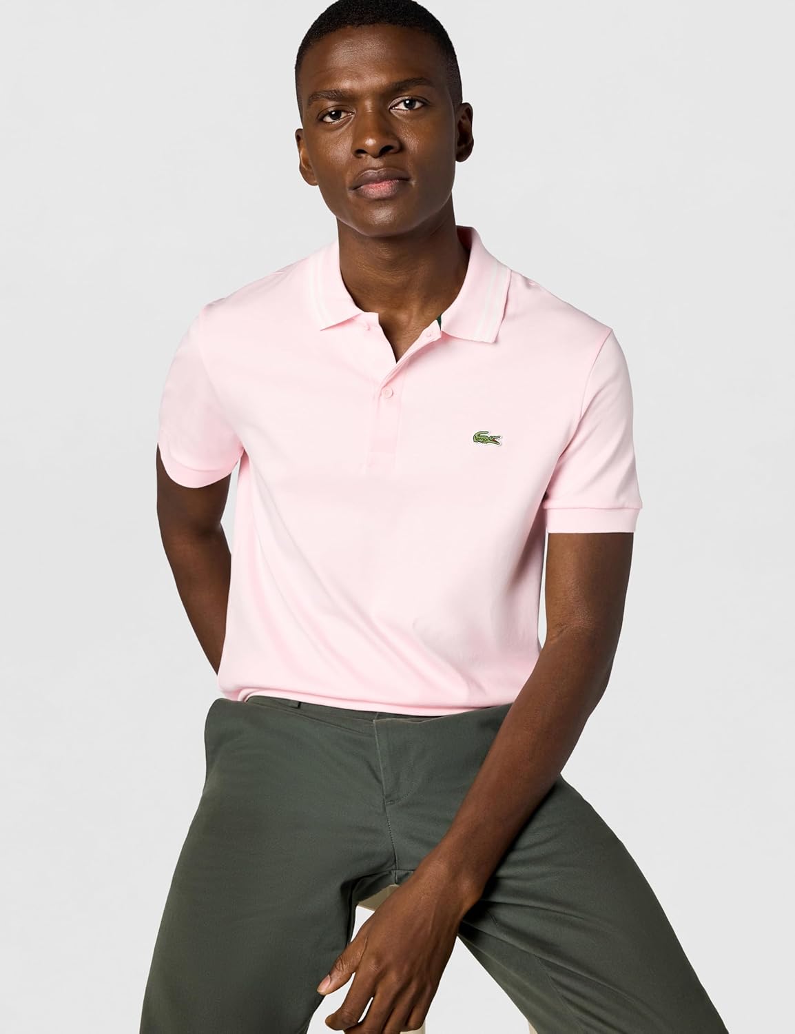 Поло Lacoste, мужское, короткий рукав, контрастный воротник, Flamingo — фото 2