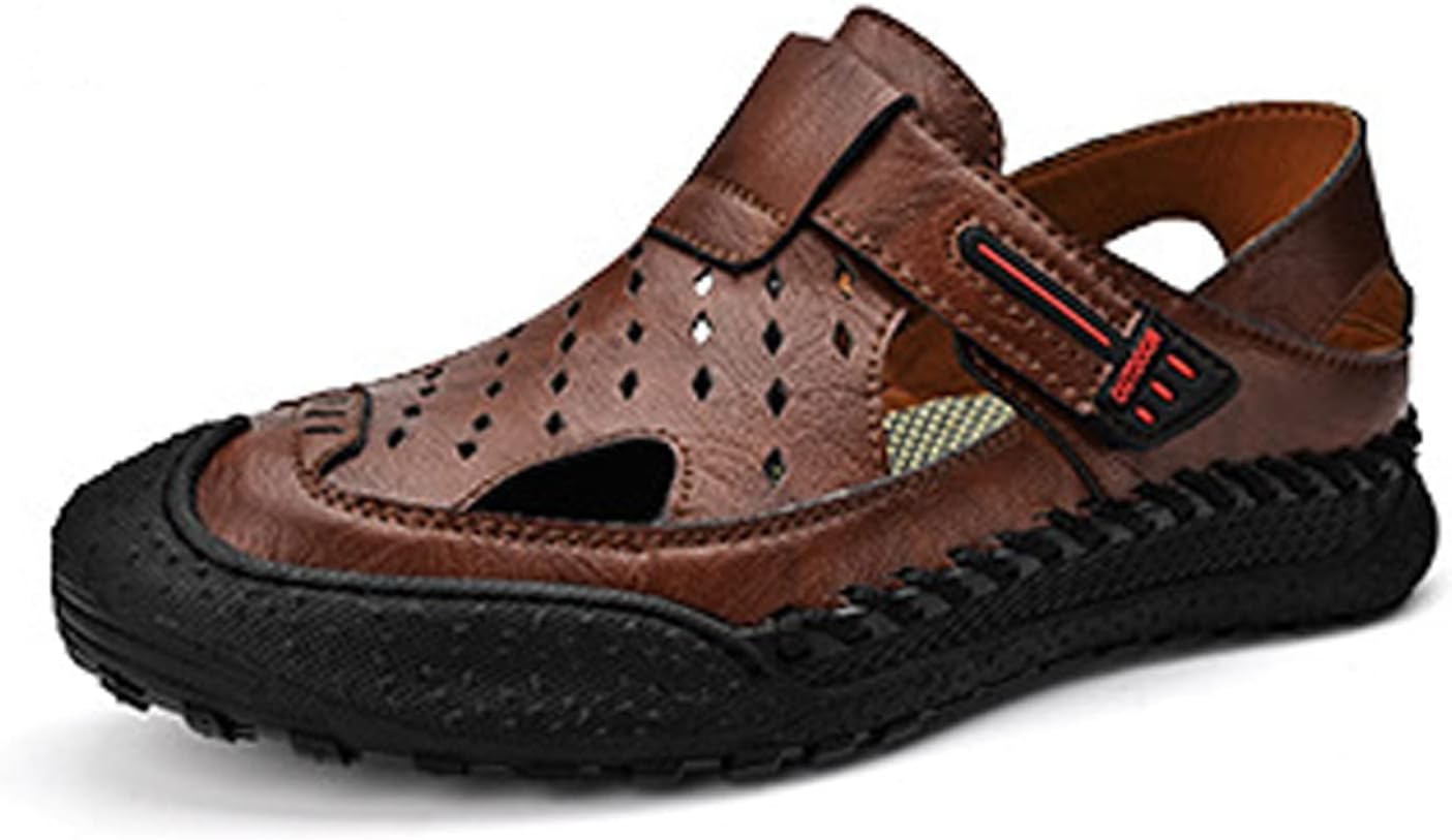 

Мужские сандалии Cubicbee с вырезами, нескользящие, кожаные с застежкой-липучкой, закрытым носком, мягкой подошвой, дышащие, повседневные для улицы, летние спортивные, пляжные и походные, Coffee