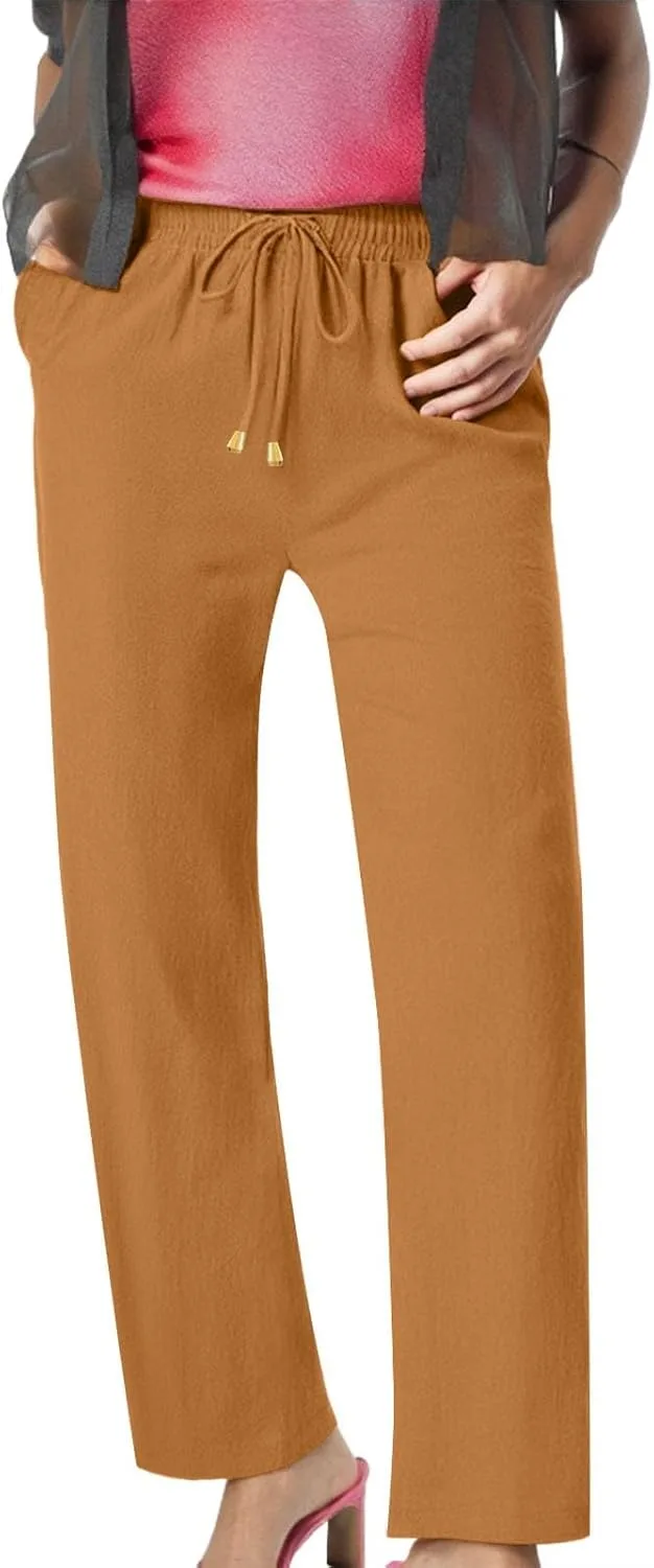Женские брюки Wide Leg из льна для лета и пляжа, свободного кроя, с высокой посадкой, легкие, хлопок-лен, с карманами Generic, оранжевый