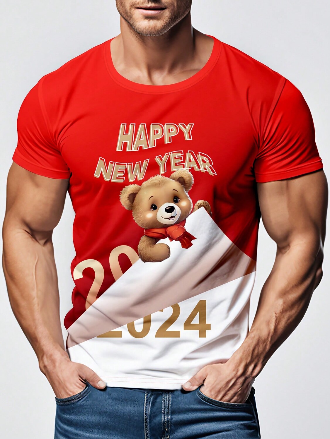 

Мужская футболка с коротким рукавом Manfinity Homme с новогодним слоганом и рисунком медведя, красный цвет