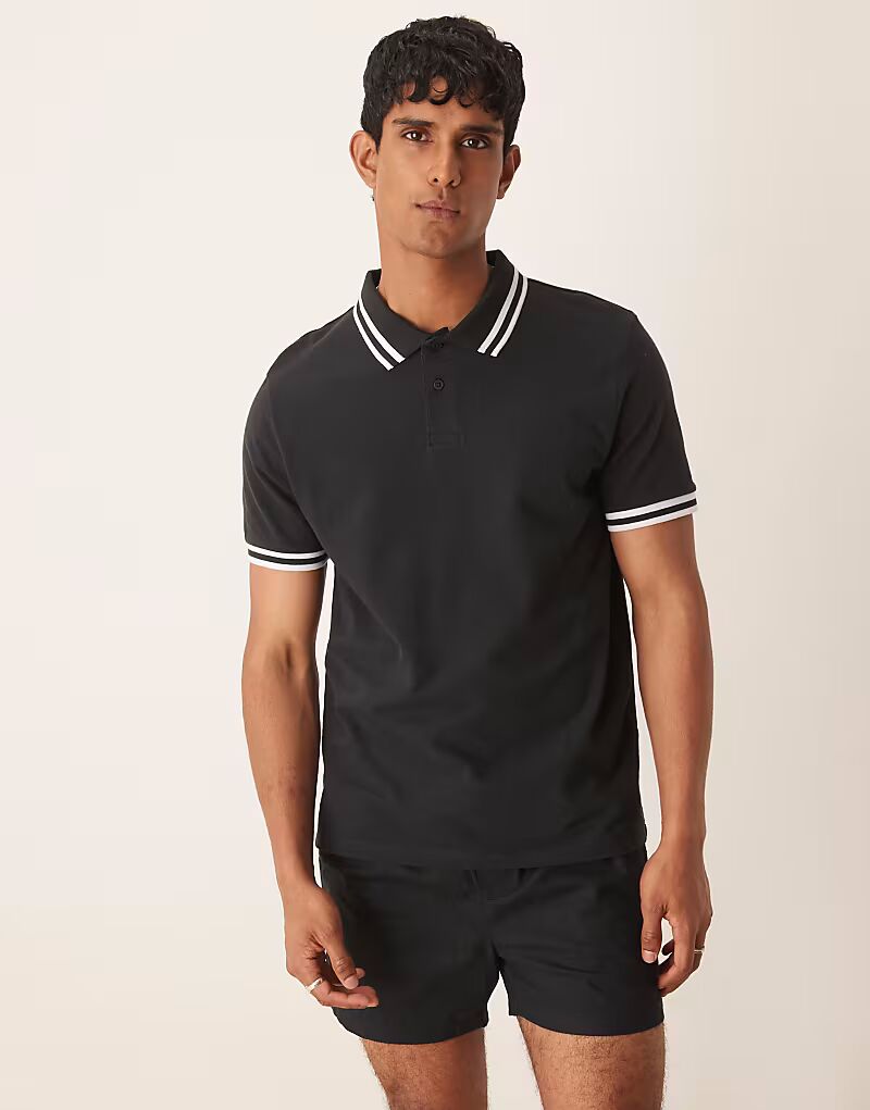

Поло из пике ASOS DESIGN черного цвета с белой окантовкой