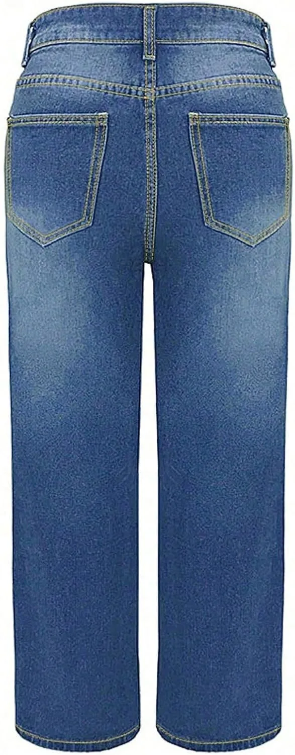 Женские укороченные джинсы Casual Western Loose Blue High Waisted Mom Ankle Straight Leg с карманами — фото 4