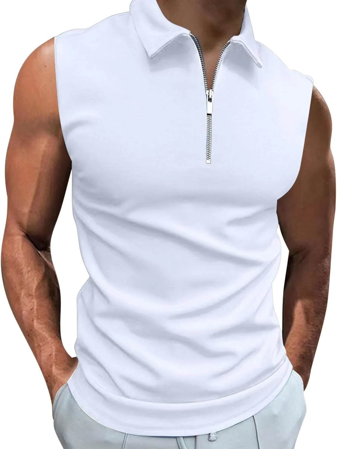 

Летний топ 2025 мужская безрукавка V-образный вырез четверть молнии поло расслабленный кэжуал мода однотонные футболки
