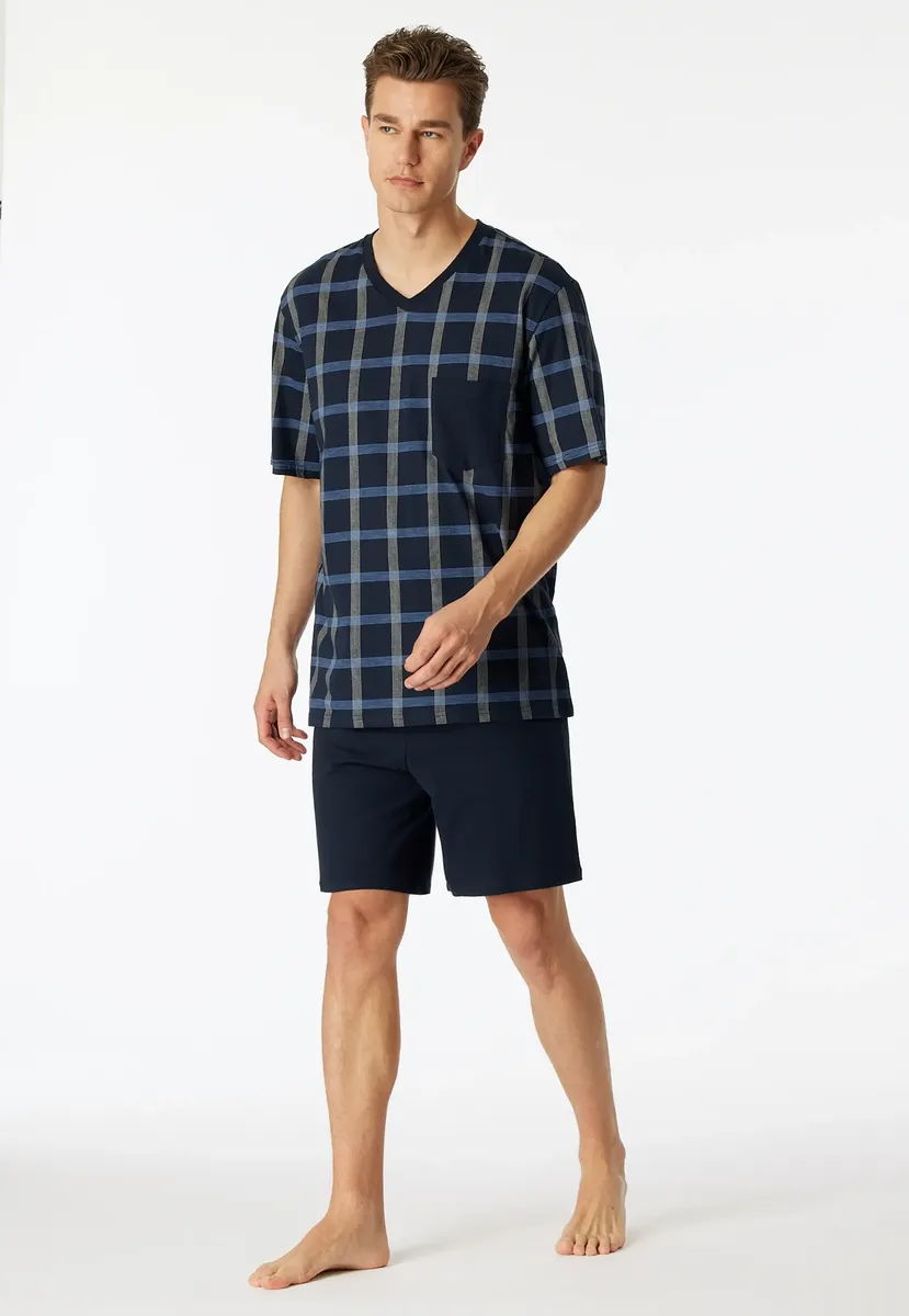 

Schiesser Shorty "Comfort Nightwear"" (2 шт.), с классическим клетчатым узором, V-образным вырезом и накладным нагрудным карманом, синий